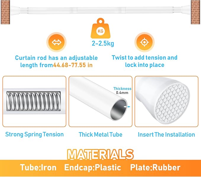 2 Pack White Tension Curtain Rod 42-73 Inch Shower Rod 7/8" Shower Curtain Rod Adjustable Spring Curtain Rods No Drilling Spring Rod Shower Curtain Tension Rod for Bathroom Windows Doorways