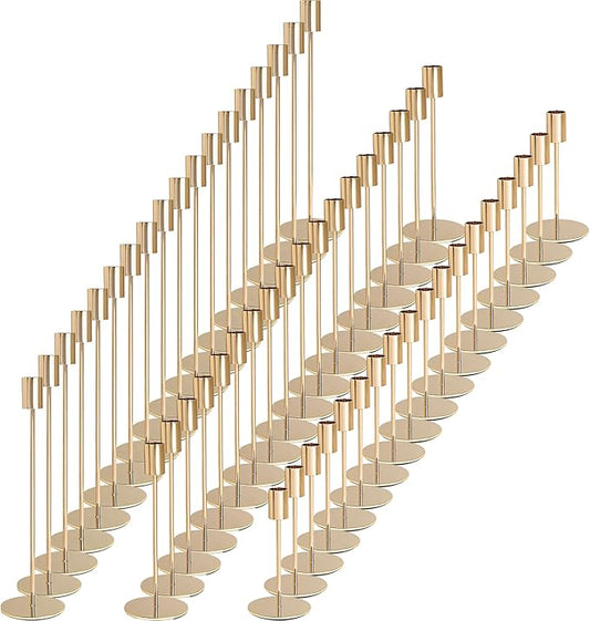 Gold Candlestick Holders - Bulk Decorative Metal Candelabra for Taper Candles, Fits 0.8 Inch Diameter, Gold Taper Candle Stands for Wedding, Home, Party Table Decor (Set of 54)