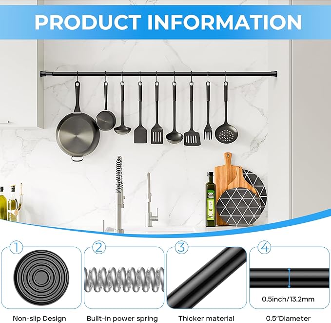Tension Rod 28 to 48 inch, Adjustable Curtain Rods No Drilling Spring Rods Extendable Pressure DIY Tension Rod for Window Closet Kitchen, Black