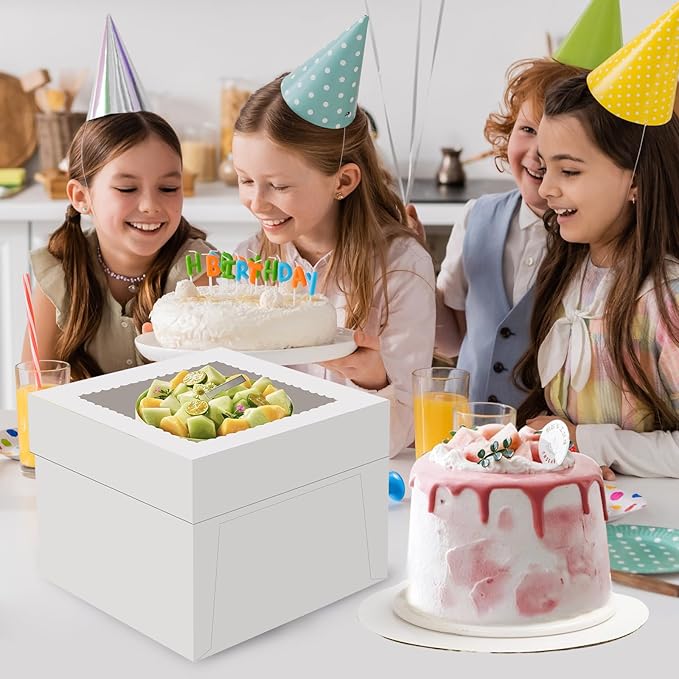 6 Pack Cake Boxes, 12x12x8 Inches Tall Cake Box with Cake Boards, White Bakery Boxes with Large Window, Disposable Cakes Transport Containers with Lids, for Cookies, Pies, Wedding, Birthday