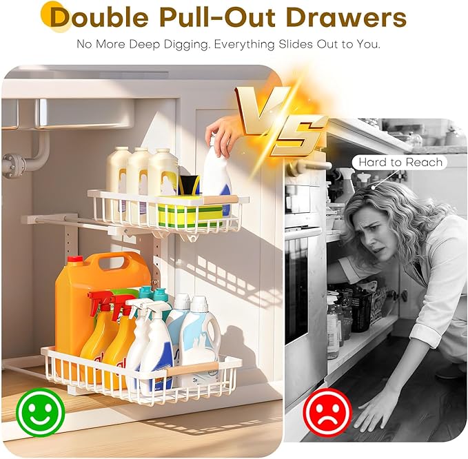 ZELOREA Under Sink Organizer, 2-Tier Pull-Out Under-Sink Shelves, Adjustable Height (13.8" -16.9"), Sturdy Metal Storage Organizer for Bathroom Kitchen Pantry Cabinet (2 Packs, White)