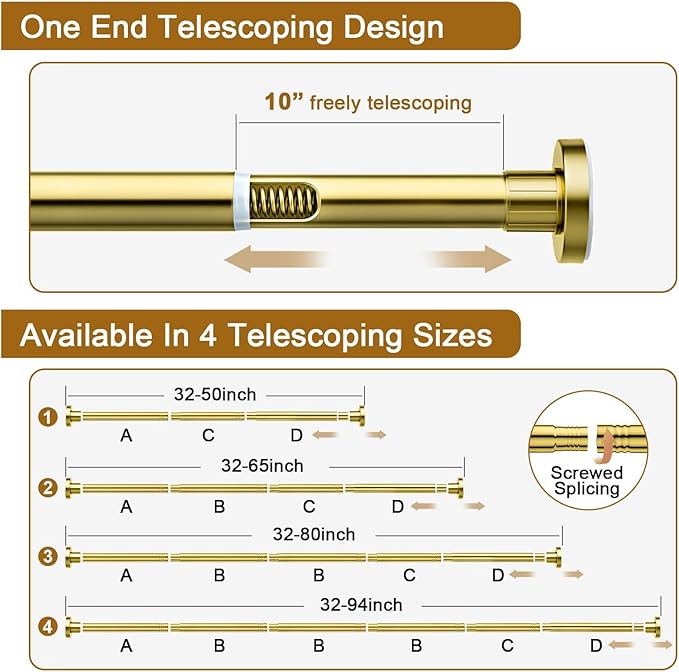 Ausemku Shower Curtain Rod 32-94 Inch Adjustable - 1 Inch Diameter Heavy Duty No Drill Spring Tension Shower Rod, Non-Slip Rustproof Telescopic Rod for Bathroom, Gold