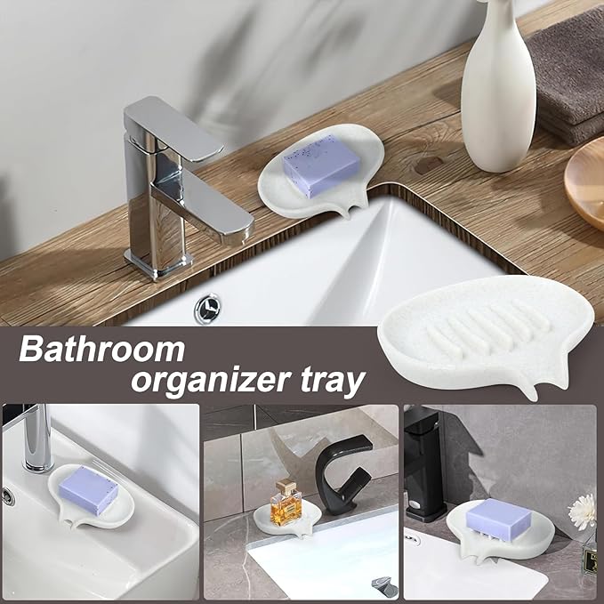 AUGFRYZIAN Soap Dish with Drain - Self-Draining Bar Soap Holder for Shower, Marble Look Soap Savers Soap Tray Sponge Holder for Kitchen, Bathroom, Bathtub Sink, Crystal White