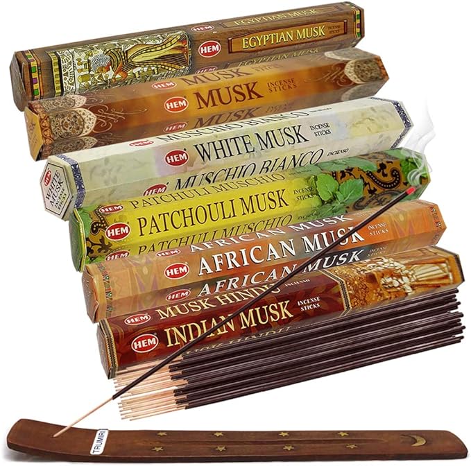 Hem Incense Sticks Variety Pack #17 and Incense Stick Holder Bundle with 6 Musk Fragrances