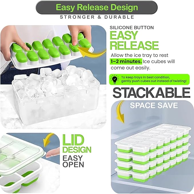 56pcs Ice Cube Tray with Lid and Bin – Stackable 4 Trays Silicone Plastic Freezer Mold, Large Ice Bucket with Scoop, Tong & 2 SS Straws – Easy Release Ice Maker for Cocktail, Coffee, RV, Whiskey