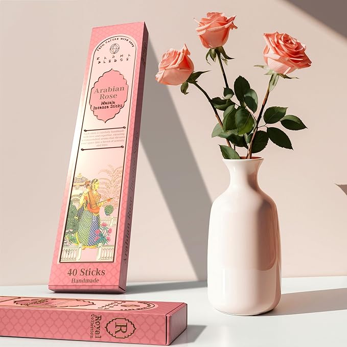 Incense Sticks, Rose Arabic Incense, Made with Natural Ingredients, Hand Rolled Aromatic Masala, 40 Stick Pack, 45-60 Minute Burn Time, Best for Home Fragrance, Meditation, Yoga, Spiritual Healing