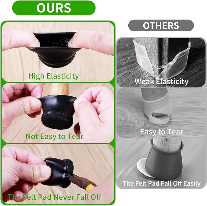 24 Pcs Chair Leg Protectors for Hardwood Floors, Silicone Felt Furniture Leg Cover Pad for Protecting Floors from Scratches and Noise, Smooth Moving for Chair Feet, Round (Black, Fit: 1.1"-1.4")