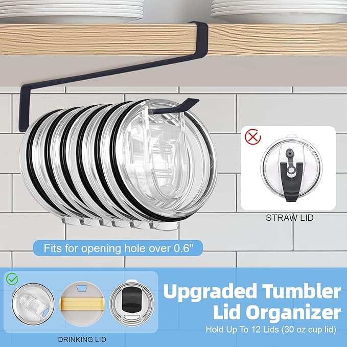Tumbler Lid Organizer, 2 Pack for Yeti Lid Organizer, Space Saving Water Bottle Lid Holders, Tumbler Lid Holder Up to 12 Lids, Cup Lid Organizers for Kitchen Under Cabinet Storage