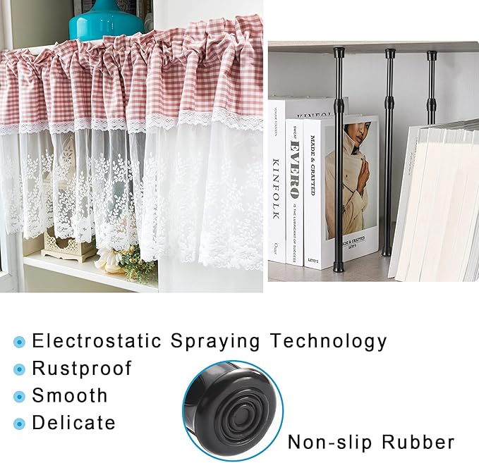 6Pcs Tension Rod, Goowin Tension Curtain Rod, No Drilling Rustproof Spring Small Tension Rod, Adjustable Tension Rods for Closet, Kitchen, Cupboard, Wardrobe, Bookshelf, (Black, 12-20 inch)