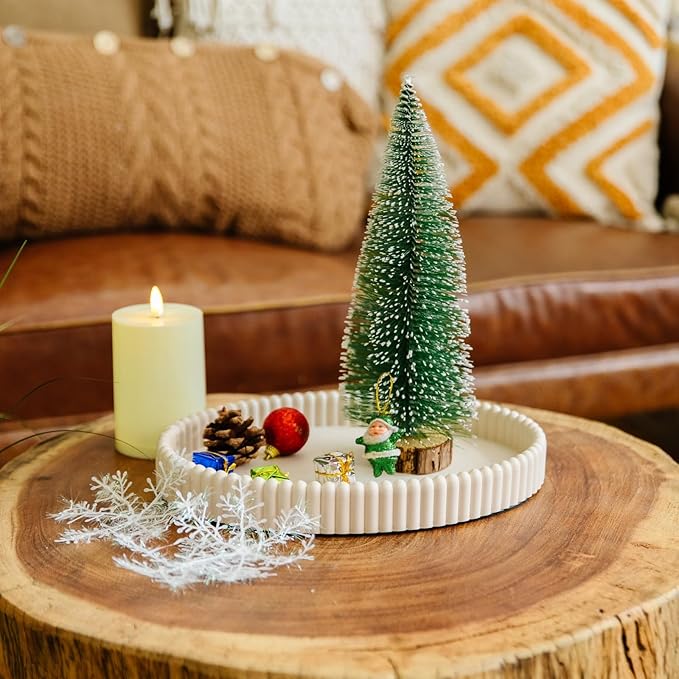 11.8in Decorative Tray for Coffee Table Decor- Beige Oval Concrete Tray for Home Decor- Scalloped Flat Modern Centerpieces Tray Decor for Living Room, Kitchen Dining Table, Entryway (Beige)