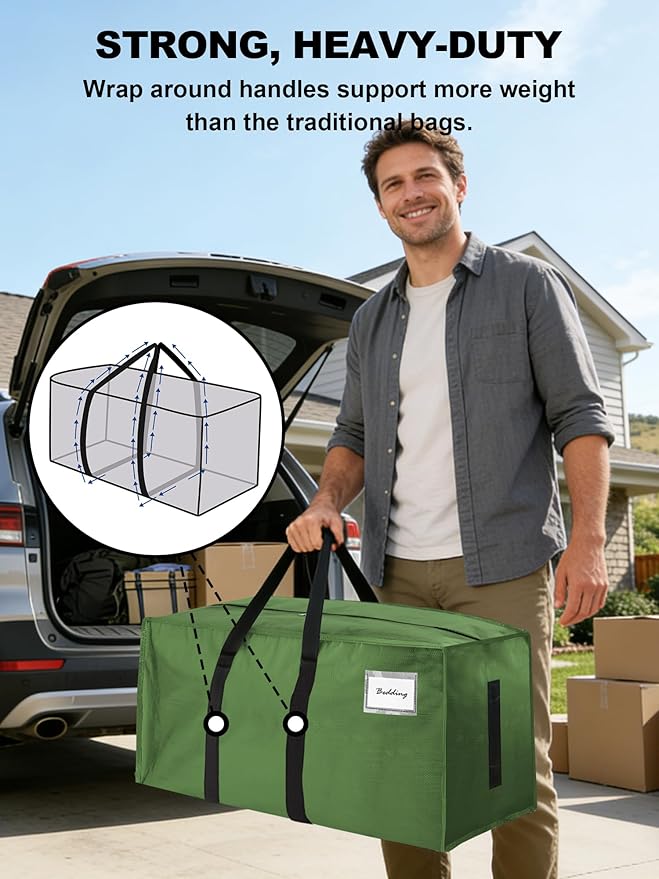 HOMESURE Supports 200lbs Heavy Duty Moving Bags - Strong Zipper & Wrap-Around Handles - Water-Resistant Storage Totes, Durable Alternative to Moving Boxes - 12 Pack - Olive Green