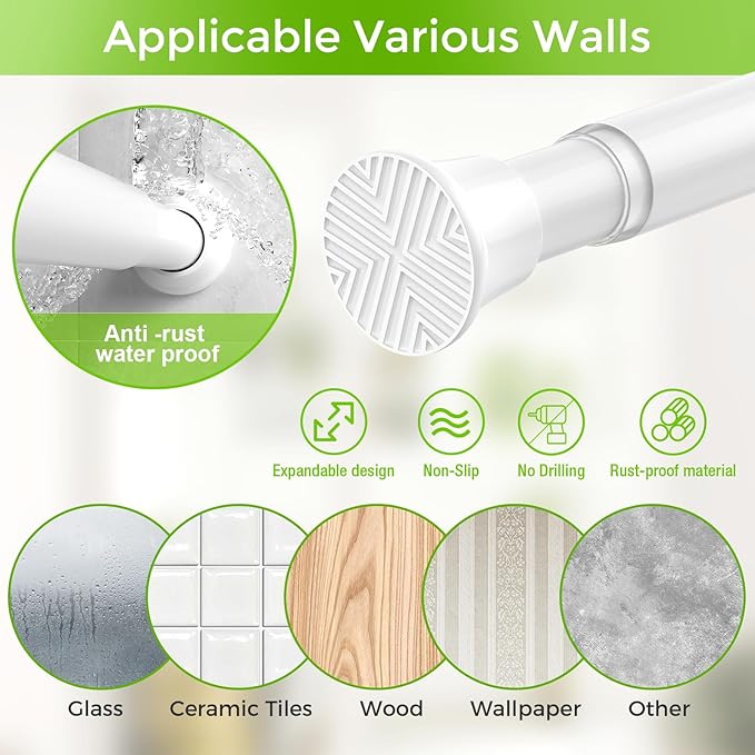 Tension Curtain Rod 32-76 Inch 7/8" Diameter Spring Loaded Curtain Rods No Drilling Adjustable Expandable Tension Shower Curtain Rods for Window Doorway Bathroom Kitchen Closet, White
