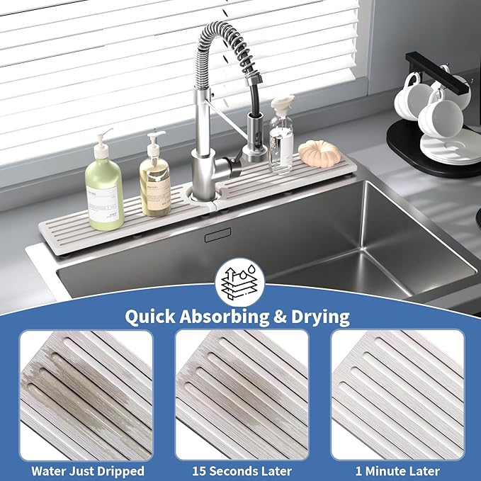Stone Faucet Mat for Kitchen Sink, Water Absorbing Sink Water Splash Guard, Fast-Drying Kitchen Sink Faucet Mat, Durable Protector and Stone Drying Mat for Kitchen Counter & Bathroom Sink