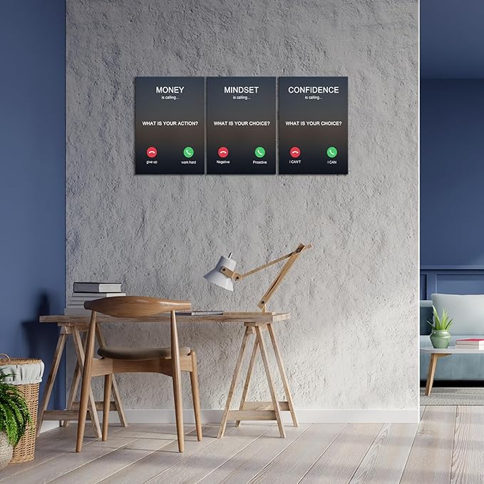 KAWAHONE 3PCS Motivational Canvas Wall Art, Positive Affirmation Poster -Money is calling Mindset Confidence -Inspirational Quotes Posters for Home Office Workplace Ready to Hang