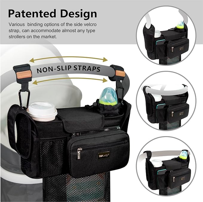 TOPDesign Universal Baby Stroller Organizer, Stroller Caddy with Detachable Mesh Bag & Heightened Insulated Cup Holders & Non-Slip Secure Hooks Accessories, Fits Most Strollers (Ranunculus)