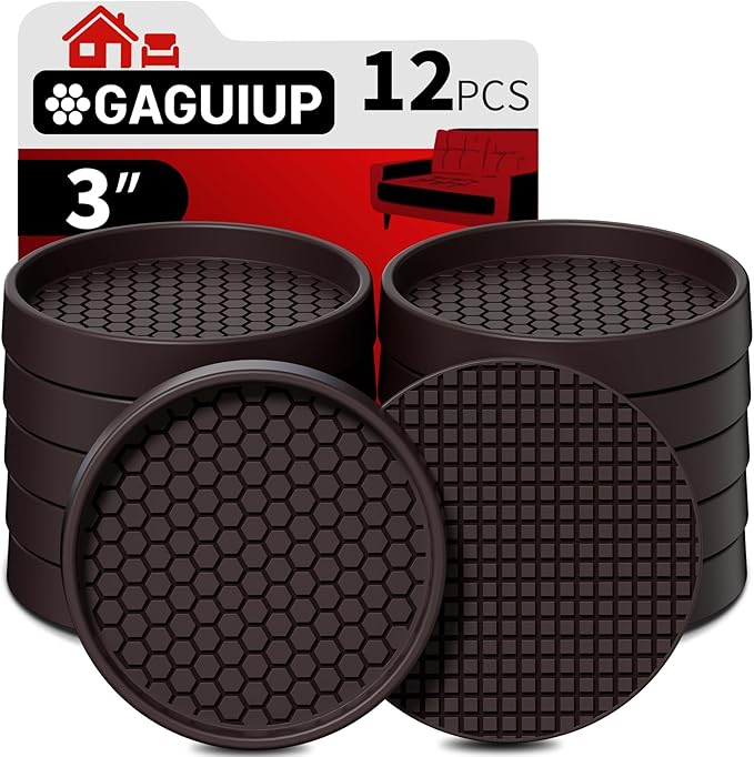 Non Slip Furniture Pads- 3"x3" Round Anti Skid Caster Cups Furniture Coasters, Anti-Sliding Grippers Floor Protectors for Furniture Bed, Couch, Chair Leg, Brown(Set of 12)