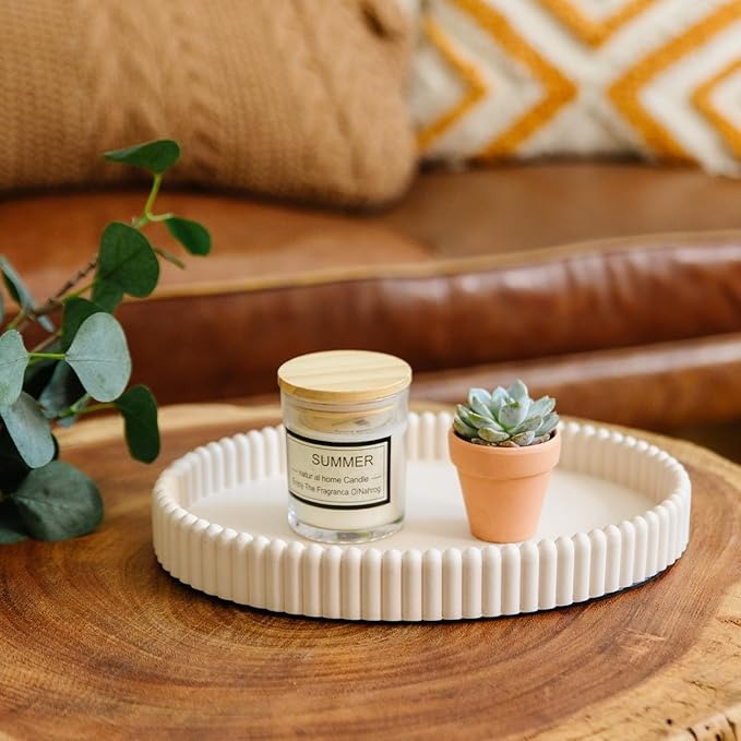 11.8in Decorative Tray for Coffee Table Decor- Beige Oval Concrete Tray for Home Decor- Scalloped Flat Modern Centerpieces Tray Decor for Living Room, Kitchen Dining Table, Entryway (Beige)