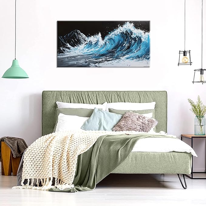 ZESTRILIA Waves Wall Art Blue Sea Oil Painting Reproduction Print Modern Wave Abstract Canvas Paintings Waterproof Artwork Picture for Living Room Bedroom Home Office Kitchen Décor (23x46inch)