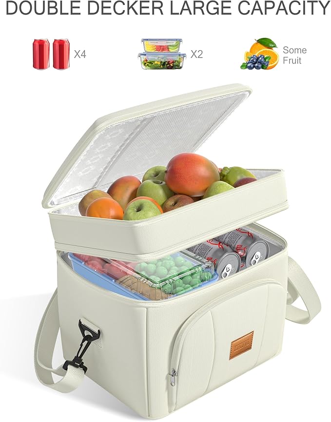 Rnivvi Lunch Box for Women, Double Decker Insulated Cooler Bag Lunch Bag Reusable Leakproof Tote Lunch Container with Strap for Work Family Picnic Hiking Camping, 18 Cans 12L, Large Adults, White