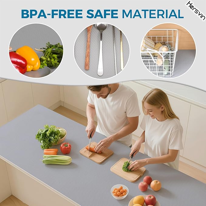 Hersvin Shelf Liners, 12in x 20ft Kitchen Drawer Mats, Non-Adhesive EVA Cupboard Protector, Cabinet Lining (Light Gray/Dot)