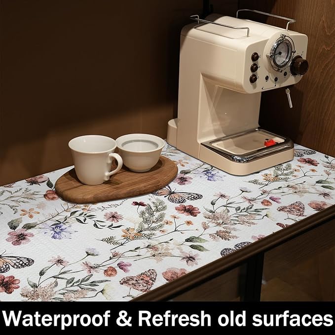 Floral Shelf Liners 16IN x 10FT Non Adhesive and Strong Non-Slip Shelf and Drawer Liners for Kitchen Cabinet Wire Fridge, Waterproof Shelf Drawer Liner,Easy to Clean