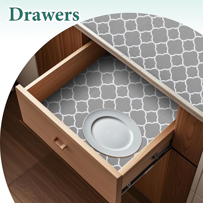 Shelf Liners for Kitchen Cabinets 12in x 20FT Non-Adhesive Drawer Liner Gray Quatrefoil Thickened Shelf Liner Paper Strong Non-Slip Easy to Clean for Tool Box Refrigerator with Knife and Tape Measure