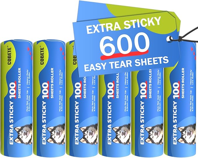 COBETE 6 Rollers, Total 600 Sheets Extra Sticky Lint Roller Refills, for 6.3" Dog and Cat Lint Remover for Clothes, Couch, Furniture