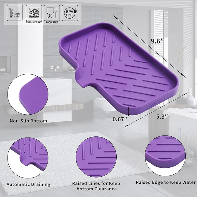 Silicone Bathroom Soap Dishes with Drain Spout - Bathroom and Kitchen Sink Organizer, Sponge Holder, Dish Soap Tray, Perfect for Dispenser, Scrubber, Bottle, Cup on Sink or Counter - Purple 9.6" × 5.3"