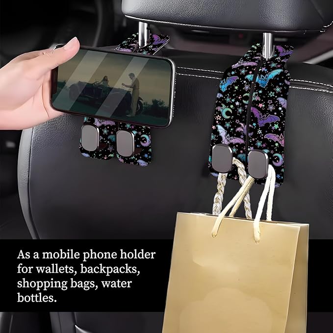 NUGGHU Car Seat Headrest Hook, Universal Leather Cute Hanger Holder Hook, Storage Organizer Interior Accessories for Purse Bags Handbag Purple Cute Bats