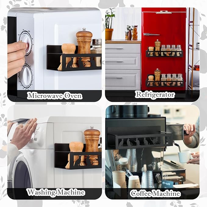 2 Pack Black Cat Magnetic Spice Rack for Refrigerator Metal Magnet Basket Shelf for Fridge Seasoning Storage Organizers Home Decor Kitchen Accessories (Black)