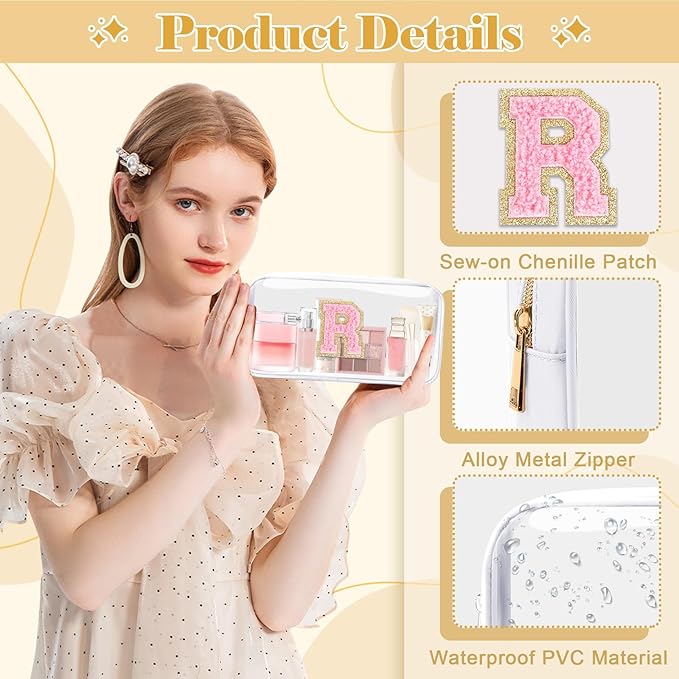 Personalized Initial Letter Clear Makeup Bag, Preppy Small Nylon&PVC Cosmetic Zipper Bag with Chenille Letter, Travel Skincare Toiletry Bag, Monogram Christmas Gift for Teen Girls Women, R