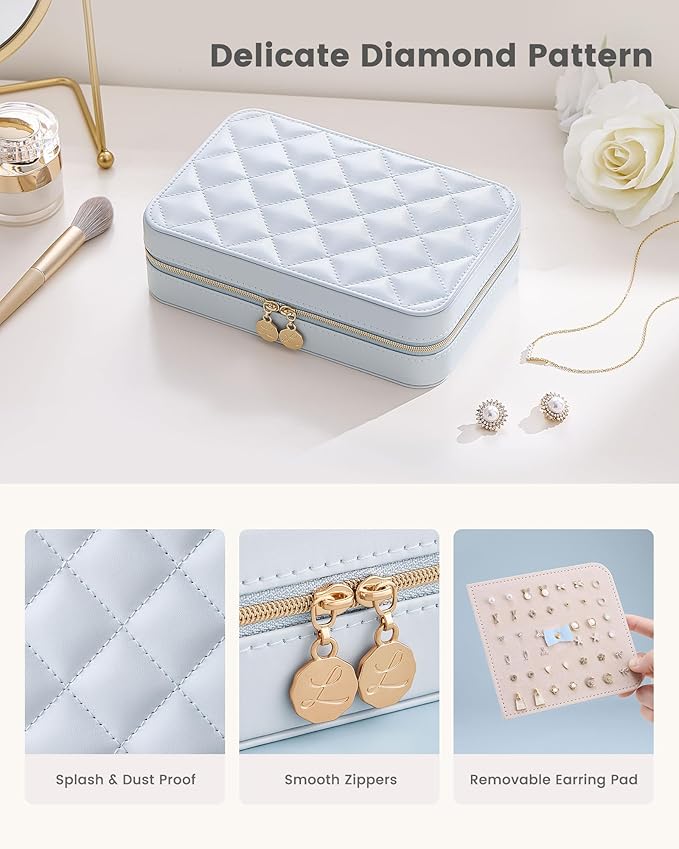Lolalet Travel Jewelry Case for Women Girls, Travel Jewelry Organizer with Clear Storage Bag Small Portable Jewelry Box for Necklace Bracelet Earring Ring Valentine's Bridesmaid Gifts -Large/Blue