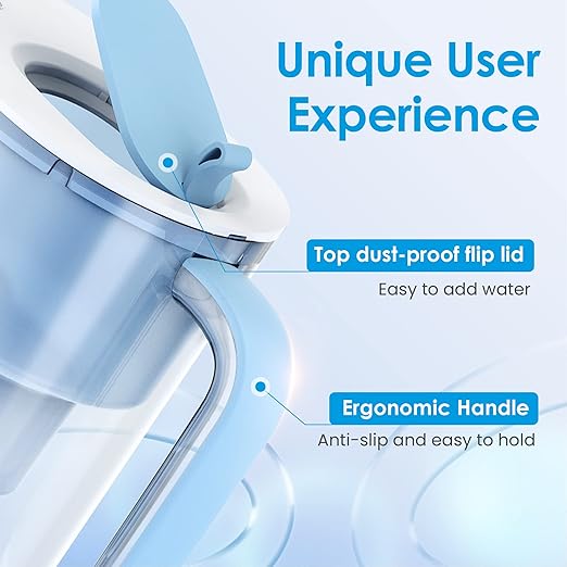 Waterdrop PT-61B Water Filter Pitcher, 10-Cup, NSF Certified, 200-Gallon Long-Life Filter, 5X Longer Filter Life, Reduces PFOA/PFOS and Chlorine, BPA-Free, Classic Manual-Flip Design, Blue