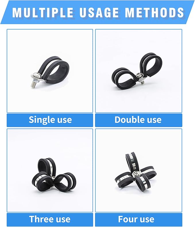 56PCS Double Cable Clamps Assortment Kit in 7 sizes: 1/4", 5/16", 3/8", 1/2", 5/8", 3/4", 1" P Clamps, 304 Stainless Steel Rubber Cushioned Insulated Clamp, Pipe Clamps, Wire Loom Clips By PEROMI