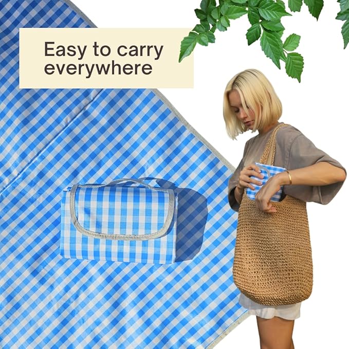 Cute Gingham Picnic Blanket, Waterproof Foldable, in Large 80x60in and Extra Large 80x80in, Portable Compact Beach Blanket, Oversized XL Outdoor Mat