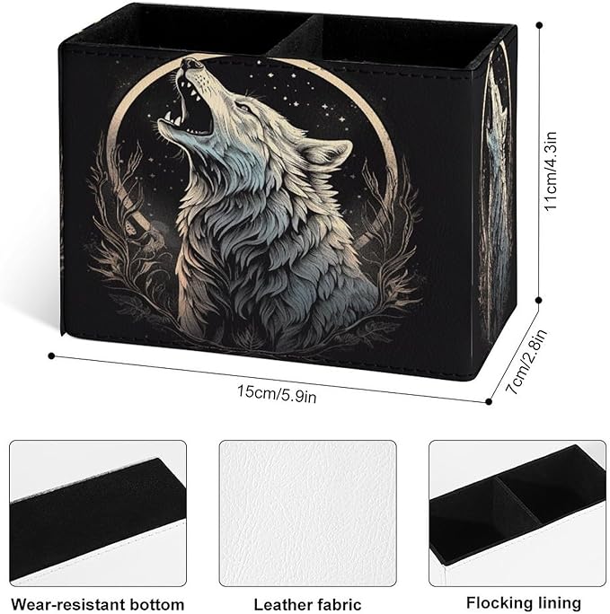 Famame Howling Wolf Moon Pencil Holder for Desk, Leather Desktop Container Pen Cup Storage Study Table Pen Organizer Makeup Brush Holder for Classroom Office Home