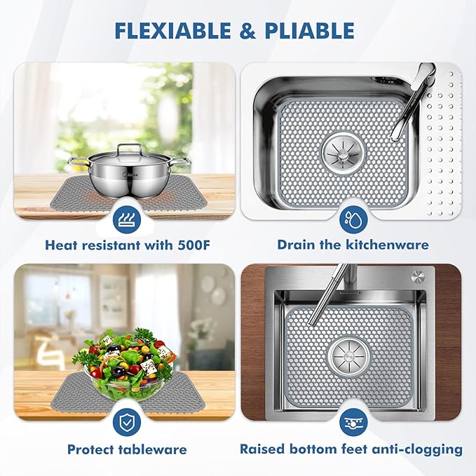 Silicone Sink Protectors for Kitchen Sink with Center Drain,13.58''x 11.6'' Folding Non-Slip Heat Resistant Mat Grid for Bottom of Porcelain Stainless Steel Porcelain (Center Hole)