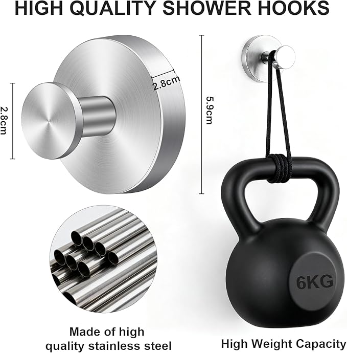 Herda Suction Cup Hooks for Shower Stainless Steel Suction Wreath Hanger for Glass Door No-Drill Removable and Reusable Suction Cup Hook for Loofah, Towel, Bathrobe, Holds Up to 15 Lbs - 4Pack, Silver