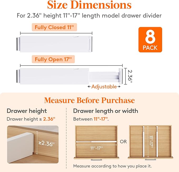 Lifewit 8 Pack Kitchen Drawer Dividers 2.36" High, 11"-17" Adjustable Drawer Organizer for Utensils/Clothes/Makeup, Plastic Expandable Separators in Dresser/Bedroom/Bathroom/Office Storage