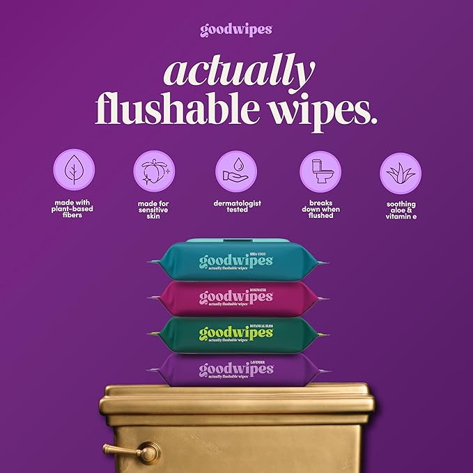 goodwipes Flushable Wipes for Adults - Lavender Butt Wipes for Women & Men, Septic Safe, Toilet & Bathroom Essentials, Extra Large, 318 Count (6 Packs and 1 Travel Pack)