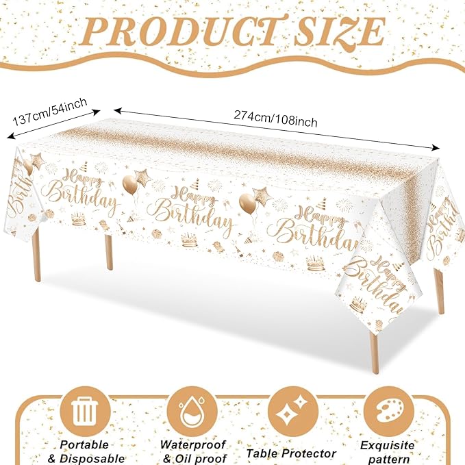 Tudomro 3 Pcs Happy Birthday Tablecloths Happy Birthday Party Decorations Plastic Table Cover Rectangular Cloths for Women Men Baby Shower Party Supplies, 108 x 54 Inch (Champagne)