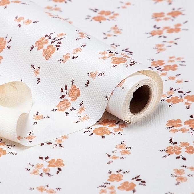 RAY STAR Shelf Liner, Non Adhesive Pink Orange Floral Printed Kitchen Cabinet Liner for Pantry Drawer Vanity, Strong Grip Non Slip, Shelf Liners for Kitchen Cabinets Cupboard 12 Inch x 10 FT (4 Rolls)