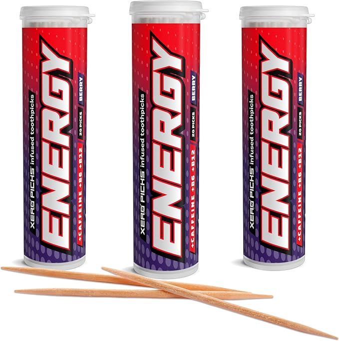 Xero Picks Energy Caffeine Flavored Toothpicks B12 for Focus & B6, 60 Picks (Pack of 3) (Berry) Sugar-Free Alternative to Energy Mints & Gum - Kosher