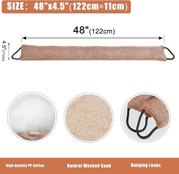 Marwood Under Door Draft Stopper 48 inch Wind Stopper for Door & Window, Weighted French Air Draft Stopper Front Door Snake Noise Blocker for Bottom of Door with Hanging Loops - Brown