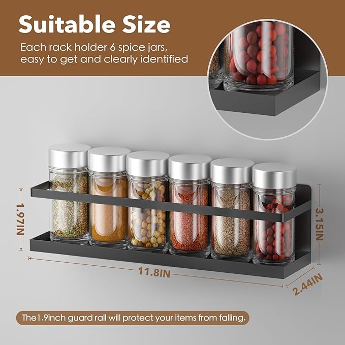Magnetic Spice Rack for Refrigerator, Magnetic Fridge Shelf for Kitchen Spice Organizer, Spice Rack Wall Mount, Fridge Organizers and Storage (4, Black)