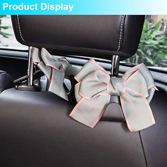 Mandark 2PCS Car Seat Headrest Hooks, Cute Bow Vehicle Hooks for Purses and Bags, Automotive Purse Hook Hanger Interior Decoration Accessories, Universal for SUV, Sedan, Truck (Gray Line)