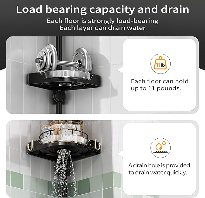 360° Rotating Shower Caddy Tension Pole, 4 Tiers Corner Shower Organizer for Bathroom Shelf Bathtub, Adjustable Standing Shower Rack Bathroom Accessories, Easily Assemble, 34-124 Inch Height, Black