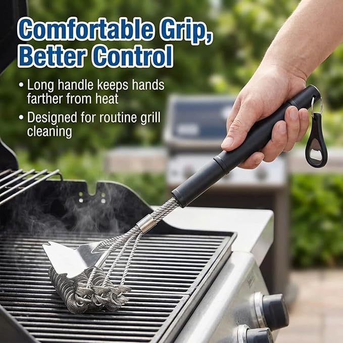 Bristle-Free Grill Brush with Scraper - Reinforced Coil Grill Cleaning Brush, Long Handle Safe BBQ Cleaner for Gas and Charcoal Grates