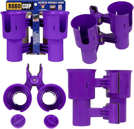 ROBOCUP, (Purple EZ-Spring), Patented Clamp On Boat Cup Holder |Multifunction Dual Drink Caddy for Fishing Poles, Tools, Net |Portable Storage for Boating, Beach, Umbrellas, Golf Carts, Strollers