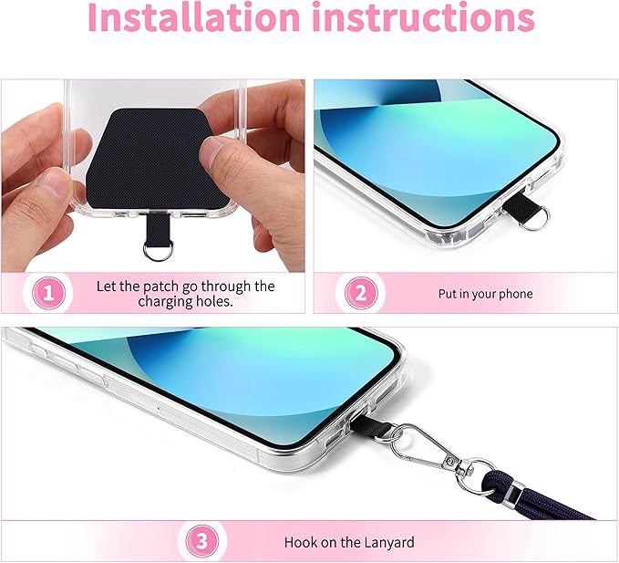 CACOE Phone Lanyard 2 Pcs-2 Pcs Adjustable Neck Strap, 4 Pcs Patches, Universal Crossbody Multifuctional Cell Phone Lanyards Compatible with Most Smartphones(Black+Bright Pink)